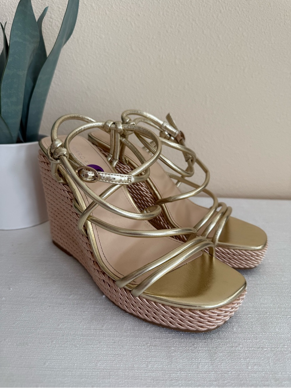 New Marc Fisher Metallic Gold Strappy Wedge Sandals